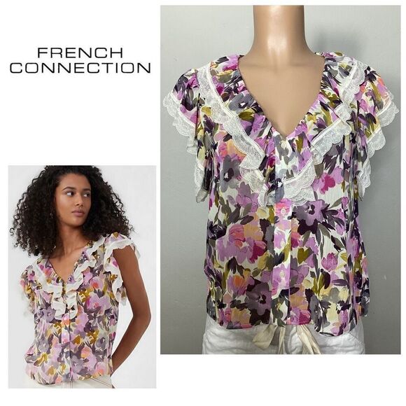New. French Connection orchid floral lace ruffle top. Small. Retails $128 - Picture 1 of 12